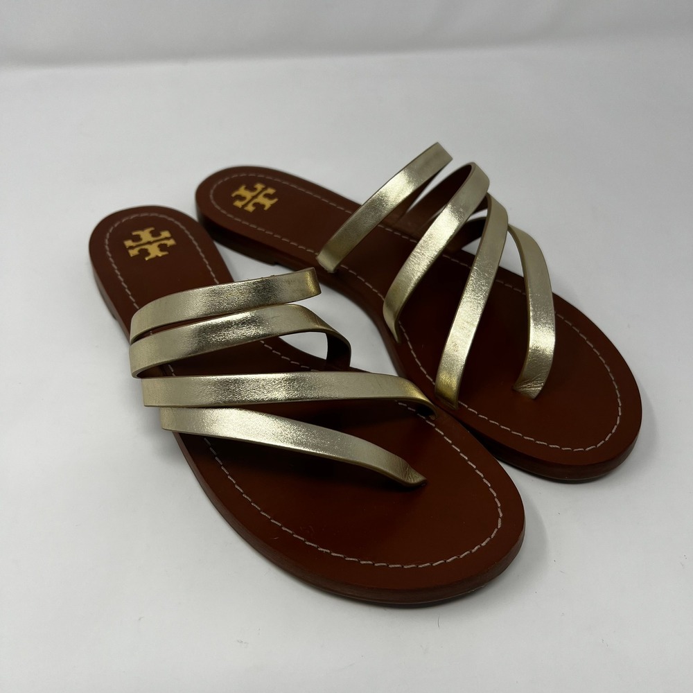 Tory Burch Metallic Gold Strappy Flat Slide Sandals Womens 10M 5310M